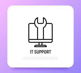 IT support thin line icon, wrench on screen. Modern vector illustration for technical repair.
