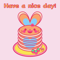 Have a nice day! Smiley bunny pancake, syrup, strawberry on plate. This pancake is made with love. If you don't want to miss the savor, try it! Then you will know that just one piece isn’t enough.