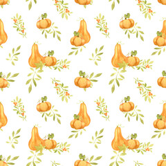 Watercolor autumn pattern with orange pumpkins and leaves on white background. Autumn design for Thanksgiving and Halloween celebrations. For packing paper, stationery and congratulations.