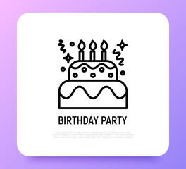 Birthday cake with candles thin line icon. Logo for organization kids party. Modern vector illustration of dessert.