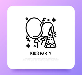 Kids party thin line icon, baloons, confetti, decoration. Modern vector illustration.