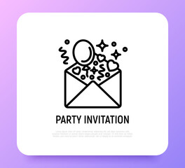 Party invitation, envelope with balloons and hearts thin line icon. Modern vector illustration.