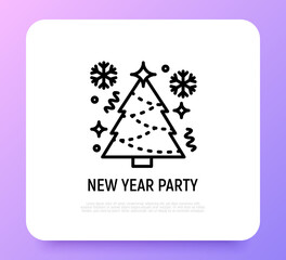 Event service, New Year party. Christmas tree with snowflakes thin line icon. Modern vector illustration.