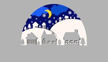 Vector image. Christmas card. Night winter landscape with houses and Christmas trees in the snow.