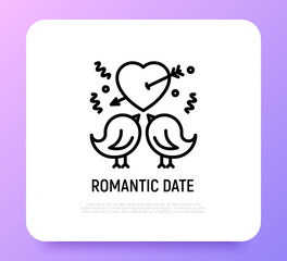 Romantic date, wedding. Two birds in love thin line icon. Modern vector illustration
