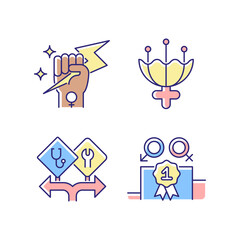Women empowerment RGB color icons set. Female authority. Femininity attribute. Career option for girls. Enjoy equal rewards. Isolated vector illustrations. Simple filled line drawings collection