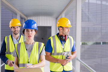 Supervisors and worker with clipboard talking in factory