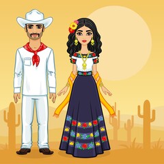 Animation portrait of the Mexican family in ancient clothes. Full growth. A background - a landscape the desert a cactus. Vector illustration.