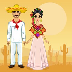 Animation portrait of the Mexican family in ancient clothes. Full growth. A background - a landscape the desert a cactus. Vector illustration.