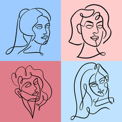 Set of one line girl or woman portrait.