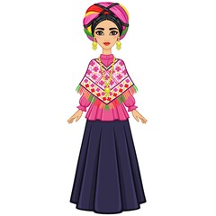 Animation portrait of the young beautiful Mexican girl in ancient clothes. Full growth. The vector illustration isolated on a white background.