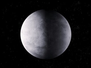 Rocky planet covered with ice in deep space, realistic surface of alien planet. Large planetary satellite 3d illustration.