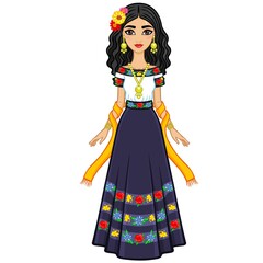 Fototapeta premium Animation portrait of the young beautiful Mexican girl in ancient clothes. Full growth. The vector illustration isolated on a white background.