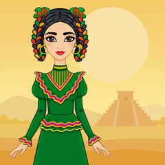 Mexican girl in a traditional dress. Background pyramid Maya.