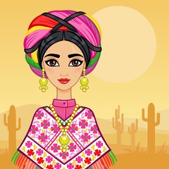 Animation portrait of the young Mexican girl in ancient clothes. A background - the desert with cactus. Vector illustration. A card, a poster, the invitation, the place for the text.
