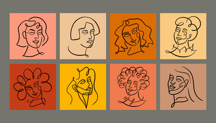 Set of one line women portrait, girl faces with abstract style.