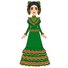 Animation Mexican girl in an ancient dress. Isolated on a white background.