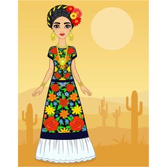 Animation Mexican girl in an ancient dress. Background the desert with cactus.