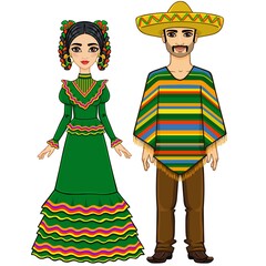 Mexican family in traditional clothes. Isolated on a white background.