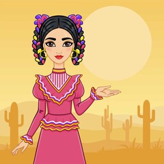Mexican girl in a traditional dress. A background the desert with a cactus.