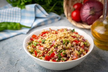 Traditional delicious Turkish cuisine, salad with tomatoes, cucumbers (Turkish name; Gavurdagi salata)