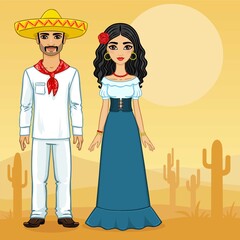 Mexican family in vintage clothes. Background the desert with cactus.