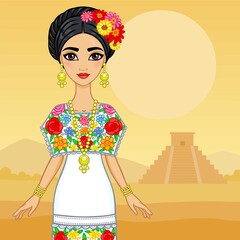 Animation Mexican girl in a festive dress. Background landscape pyramid Maya.