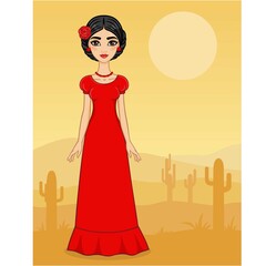 Mexican girl in the desert with cactus. High growth.