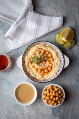 Hummus, chickpea on plate, traditional delicious Turkish food (Turkish name; Humus)