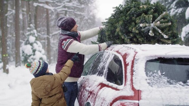 Man with son packing Christmas tree into roof of car 