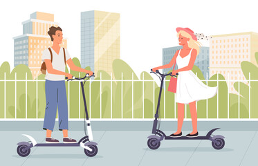 Cartoon young man woman characters drive speed electric scooter on street, alternative eco lifestyle background. People ride electric scooter transport in urban city landscape vector illustration