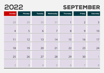 September 2022. Calendar planner design template. Week starts on Sunday.