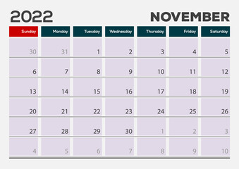 November 2022. Calendar planner design template. Week starts on Sunday.