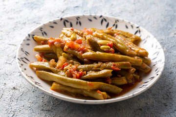 Traditional delicious Turkish food; Green beans with olive oil; Turkish name; Zeytinyagli taze fasulye