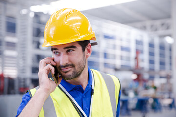 Male worker talking on cell phone in factory