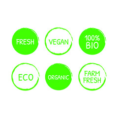 Vector green organic labels, bio emblems collection for menu or natural products packaging. Fresh vegan raw food eco friendly premium quality locally grown healthy food stickers on white.	