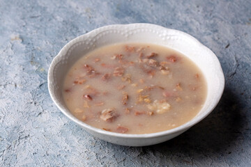 Traditional delicious Turkish food, Turkish traditional tripe soup; iskembe corbasi and offal soup, Turkish Meat Soup Kelle Paca (Turkish name; Kelle paca corbasi)