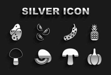 Set Melon fruit, Pineapple, Garlic, Mushroom, Fresh cucumber, Potato and Tomato icon. Vector
