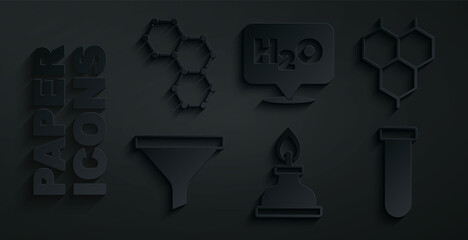 Set Alcohol or spirit burner, Chemical formula, Funnel filter, Test tube and flask, H2O and icon. Vector