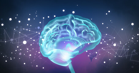 Illustration of human brain on dark background. Banner design