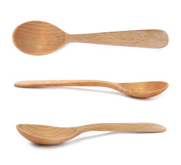 Wooden spoons on white background, collage. Cooking utensil