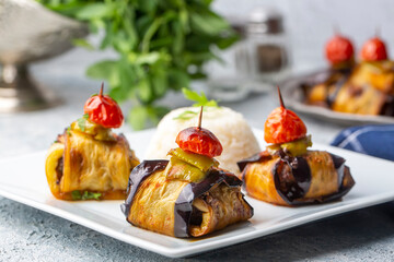 Traditional delicious Turkish food; Kofte kebab wrapped in eggplant (Turkish name; Islim - islim kebabi or kurdan kebabi)