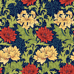 Floral seamless pattern with big red flowers on dark blue background. Classic colors. Vector illustration. - 455981781