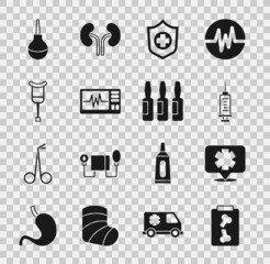 Set X-ray shots, Medical symbol of the Emergency, Syringe, Life insurance hand, Monitor with cardiogram, Crutch crutches, Enema and vial, ampoule icon. Vector