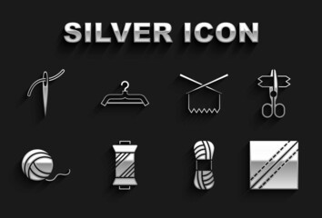 Set Sewing thread on spool, Scissors, Textile fabric roll, Yarn, ball, Knitting needles, Needle with and Hanger wardrobe icon. Vector