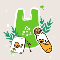 eco set, Web, zero waste, vegan, eco, шоппер, экология, авоська, природа, растения, вектор, vector, stickers 