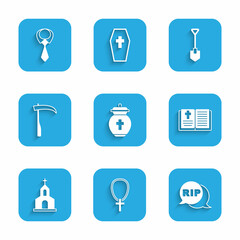 Set Funeral urn, Christian cross on chain, Speech bubble rip death, Holy bible book, Church building, Scythe, Shovel and Tie icon. Vector