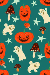 Halloween seamless pattern with pumpkins, ghost and mushrooms.