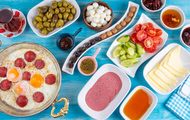 Traditional delicious Turkish breakfast, food concept photo.