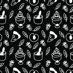 Seamless vector pattern of white line cooking on a black hand drawn background.Repetitive cafe print doodle style.Designs for textiles,wrapping paper,restaurant menus,social media,scrapbook paper.